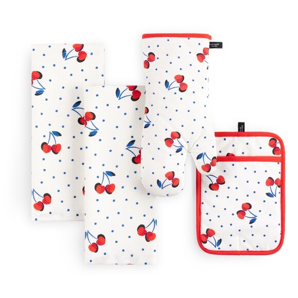 KATE SPADE Kitchen Towel Set CHERRY DOT with Oven Mitt + Pot Holder 4 pc set - Picture 1 of 4